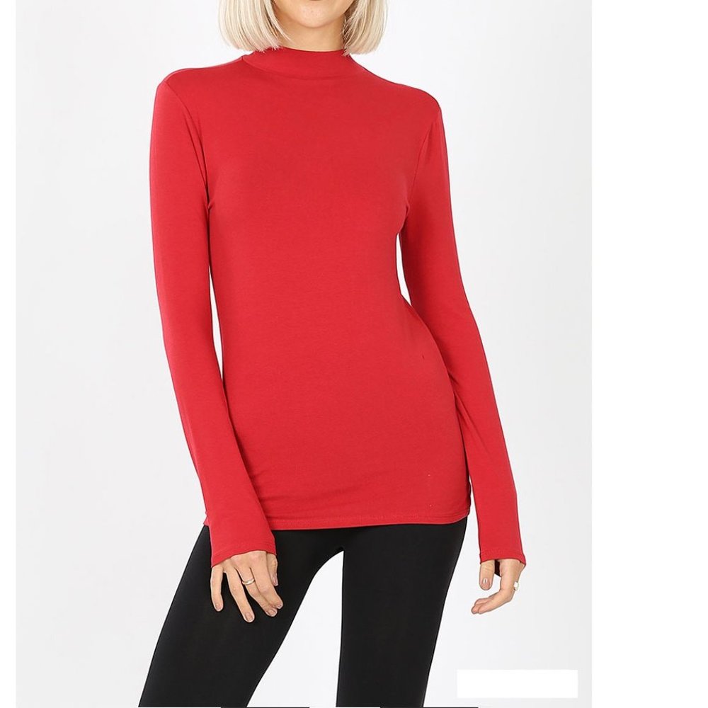 Women's Red Mock Neck Long Sleeve Tee